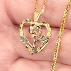14K Black Hills Gold Rose Heart Pendant - Laser Etched Floral